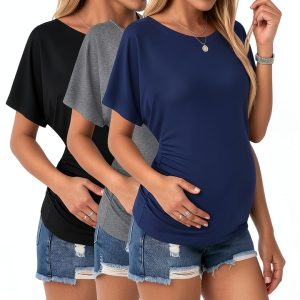 Ekouaer Maternity Shirts 3 Packs Dolman Sleeve Side Ruched Tops Tunic Casual Pregnancy Clothes-0