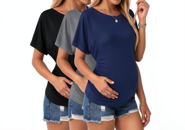 Ekouaer Maternity Shirts 3 Packs Dolman Sleeve Side Ruched Tops Tunic Casual Pregnancy Clothes-0