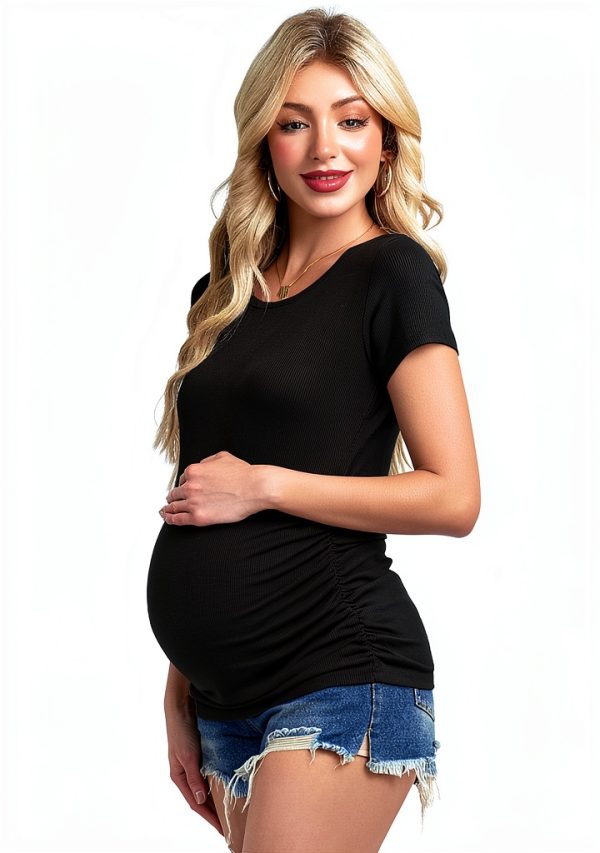 Smallshow Women's Maternity Shirts Ribbed Ruched Pregnancy Clothes Tops 3 Packs-1