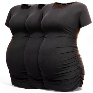 Smallshow Women's Maternity Shirts Ribbed Ruched Pregnancy Clothes Tops 3 Packs-0