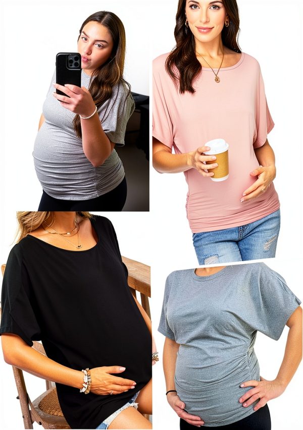 Ekouaer Maternity Shirts 3 Packs Dolman Sleeve Side Ruched Tops Tunic Casual Pregnancy Clothes-5